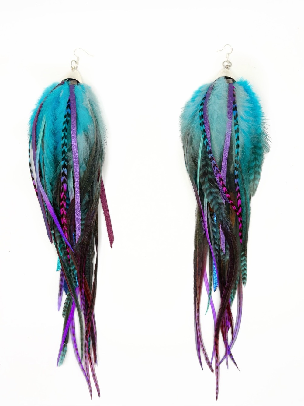 Turquoise & Purple Feather Dangle Earrings - extremely long and fluffy